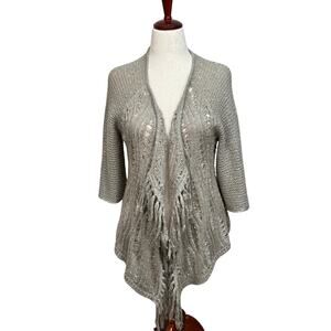 Chico's cardigan sweater metallic tan with sparkle open front fringe Sz 1 US M